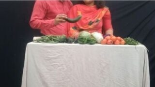 Horny man flirting with vegetable seller