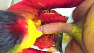 College girl giving blowjob during Holi celebration